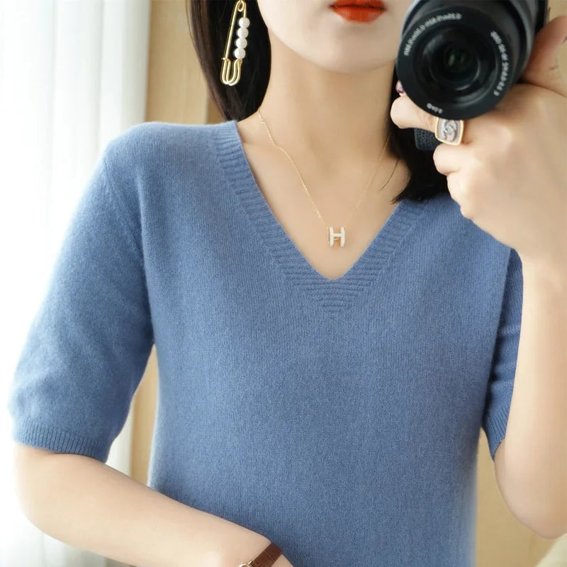 Solid Color V-Neck Half-Sleeve Cashmere Sweater for Women - Soft Thin Knit Casual Top for Office Wear & Fall Layering