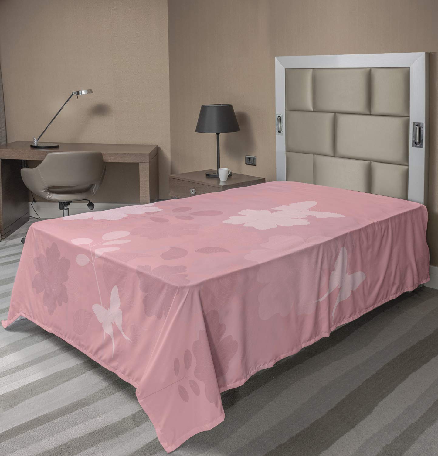 Ambesonne Rose Flat Sheet - Dreamy Fantasy Spring Nature with Butterflies, Soft Comfortable Decorative Bedding - Twin XL Size, Pale Rose - Perfect for Bedroom Decor, Guest Room & Spring Themed Home Styling