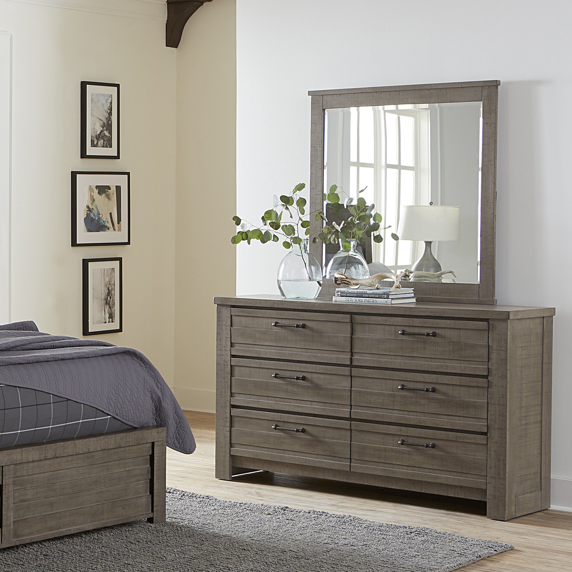 Sedona Transitional Medium Gray Wood 6-Drawer Dresser with Mirror - Perfect for Bedroom, Guest Room, or Nursery Storage Organization