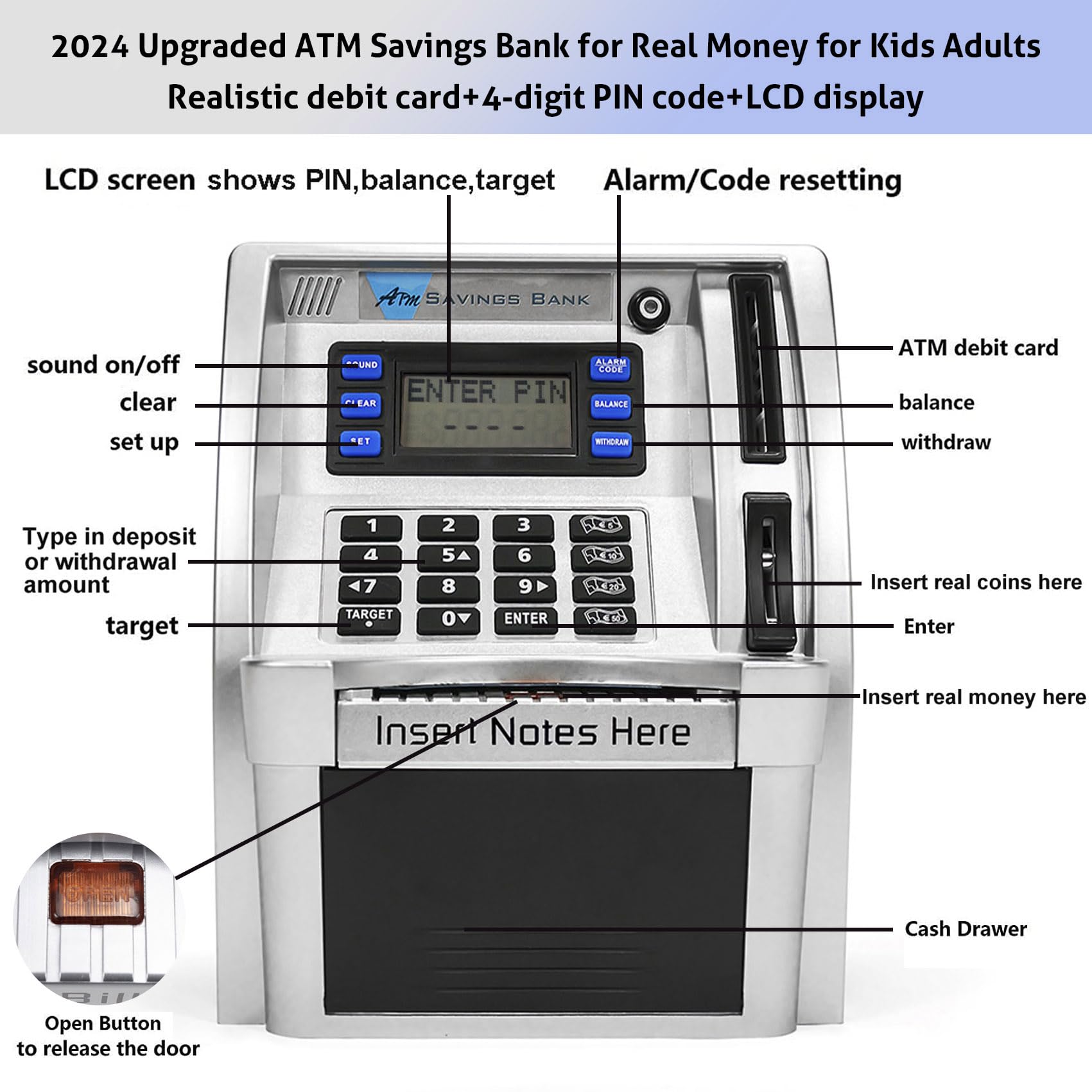 2024 Upgraded ATM Piggy Bank for Kids & Adults - Electronic Money Saving Box with Card, Password Login, Coin & Bill Recognition, Balance Calculator - Perfect for Financial Education, Allowance Management & Home Savings (White)