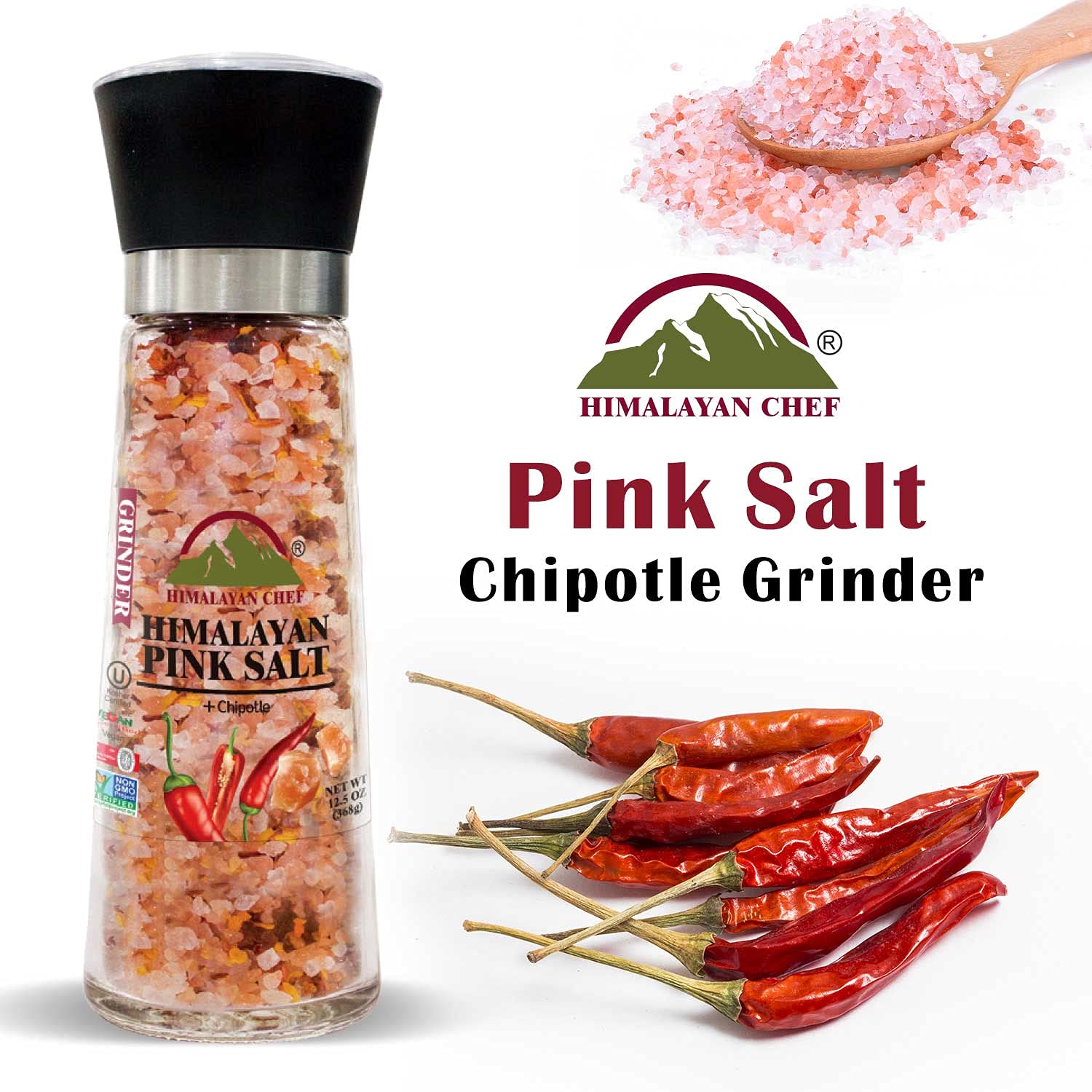 Himalayan Pink Salt with Chipotle - 10.58 Oz, Tall Glass Grinder - Pure & Natural Gourmet Seasoning for Cooking, Grilling & Food Presentation - Perfect for Steaks, Salads & Home Kitchen Use