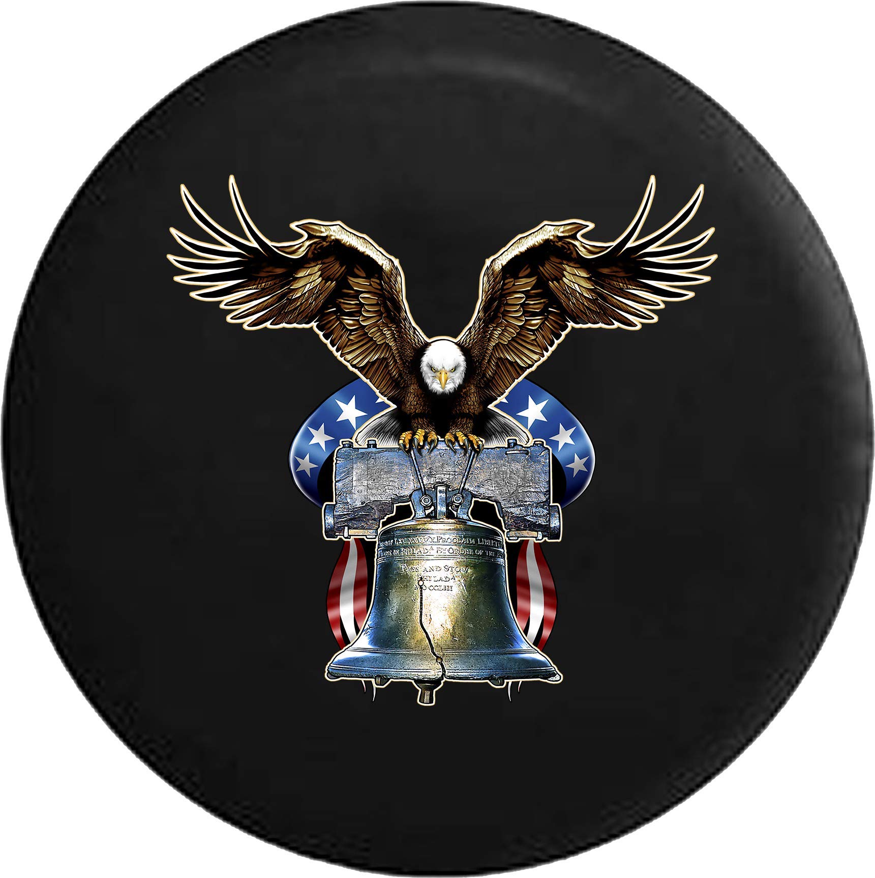 31 Inch Black Tire Cover with Liberty Bell & Soaring American Bald Eagle Design - Durable Car Accessory for SUV, Truck, RV & Off-Road Adventures