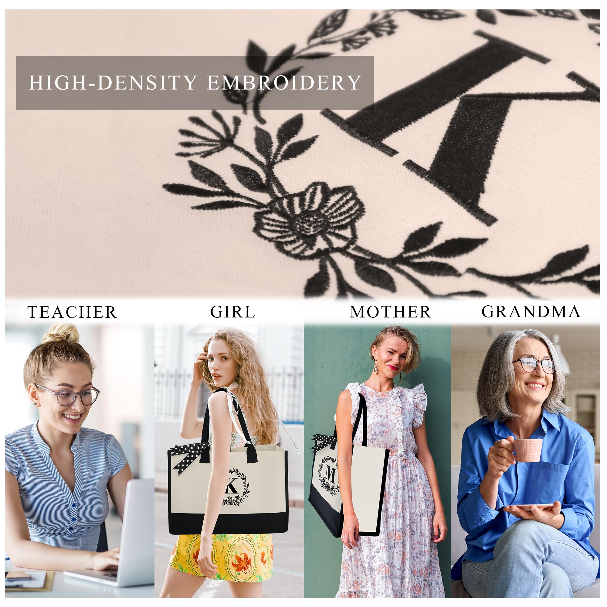 Personalized Initial Tote Bag for Women - Large Canvas Tote with Zipper & Shoulder Straps - Monogrammed Gift for Mom, Coworker, Teacher - Includes Makeup Pouch - Perfect for Work, Travel & Shopping (Letter S)