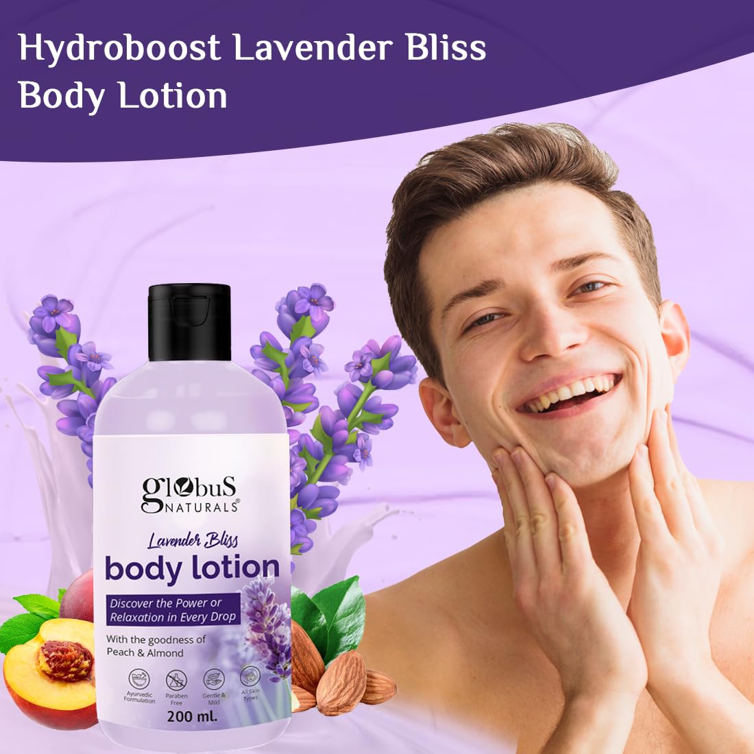Globus Naturals Lavender Bliss Body Lotion with Coconut Oil & Cucumber Extracts - Ayurvedic, Paraben-Free Moisturizer for Dry, Sensitive & All Skin Types - 200ml (Pack of 2) - Perfect for Daily Hydration, Relaxation & Aromatherapy