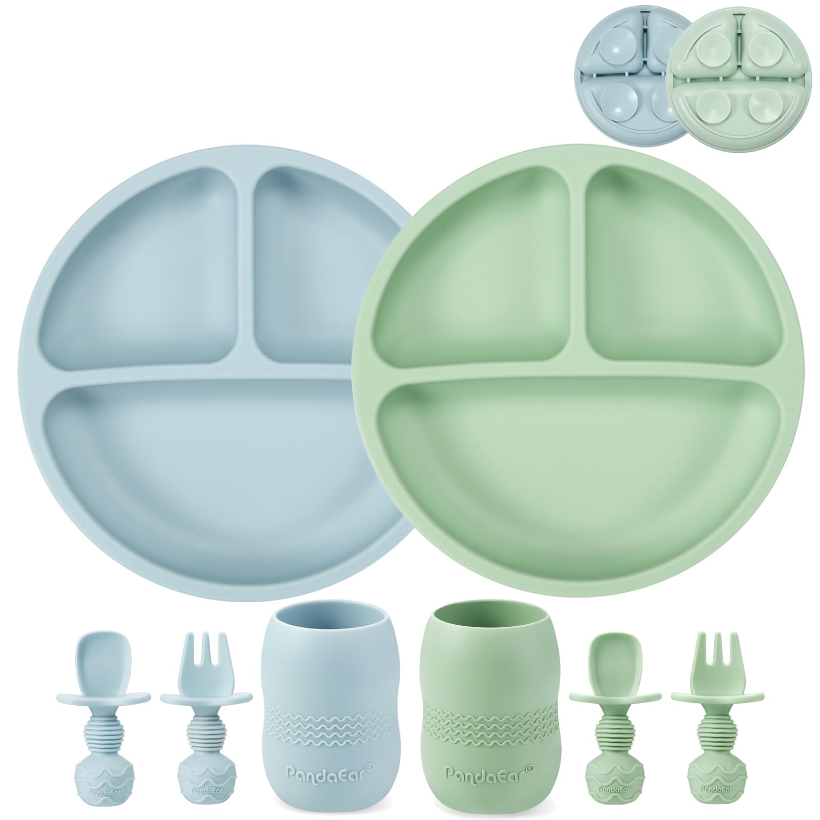PandaEar Silicone Baby Feeding Set - 2 Pack Divided Suction Plates & 2 Pack Tiny Cups with 2 Spoons & 2 Forks - BPA-Free Baby Led Weaning Supplies for Self Feeding - Perfect for Toddlers Learning to Eat Independently (Blue/Green) - Ideal for Home, Travel and Daycare Use