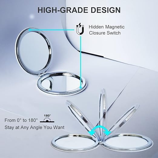 Portable Compact Mirror with 2x Magnification - Glossy Travel Mirror for Purses, Handbags & Makeup Touch Ups On The Go | Perfect for Travel, Office & Daily Use