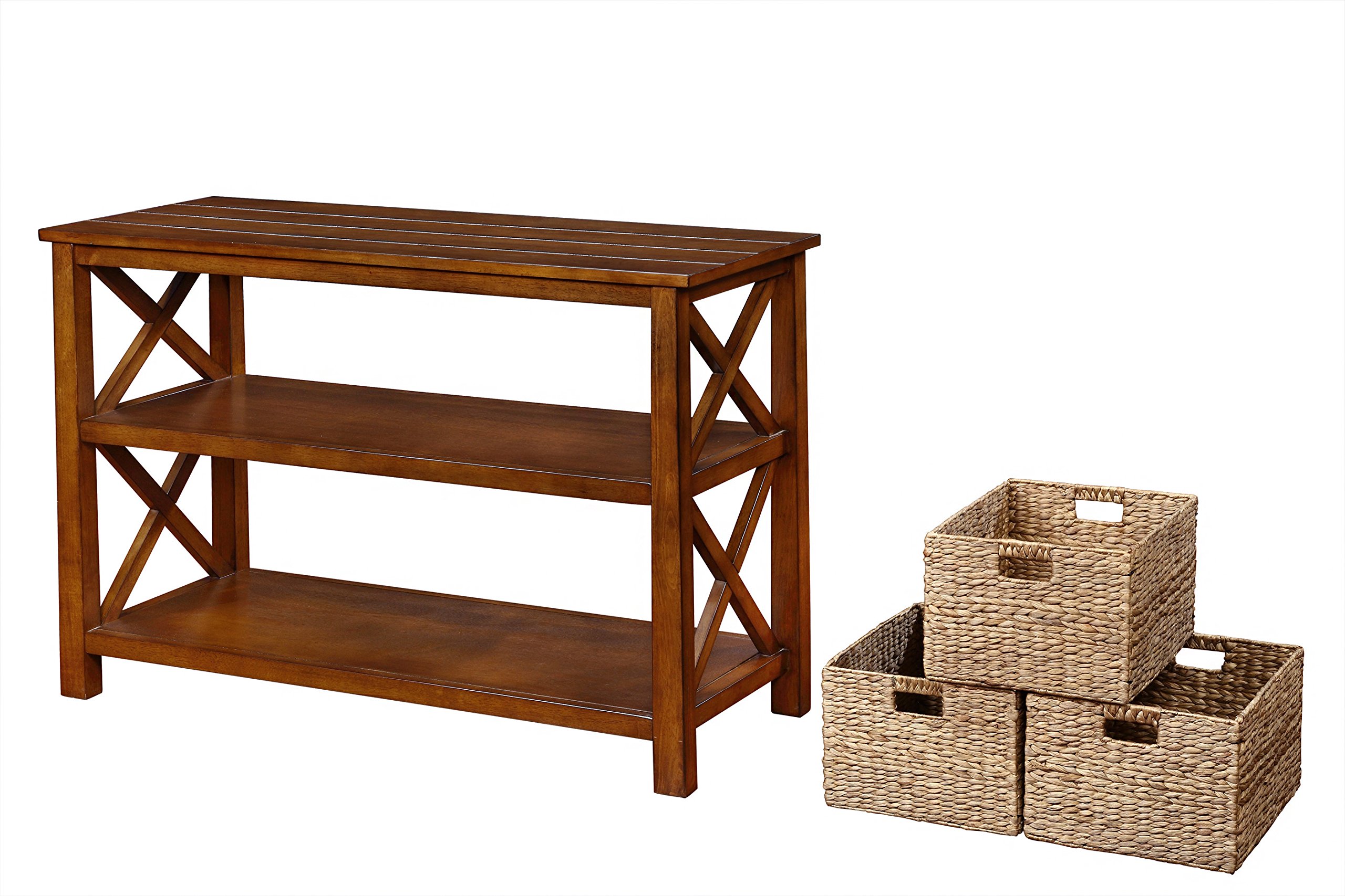 eHemco X-Side Console Sofa Table with 2 Storage Shelves & 3 Wicker Baskets - Modern Couch Side Table with Storage for Living Room, Bedroom, or Office - Perfect End Table for Coffee, Books, and Home Decor
