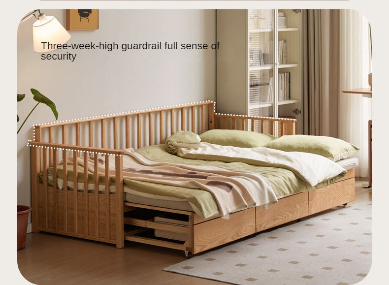 Solid Oak Wood Storage Sofa Bed - Convertible Sitting & Sleeping Furniture for Small Spaces, Living Room, Guest Room & Apartments