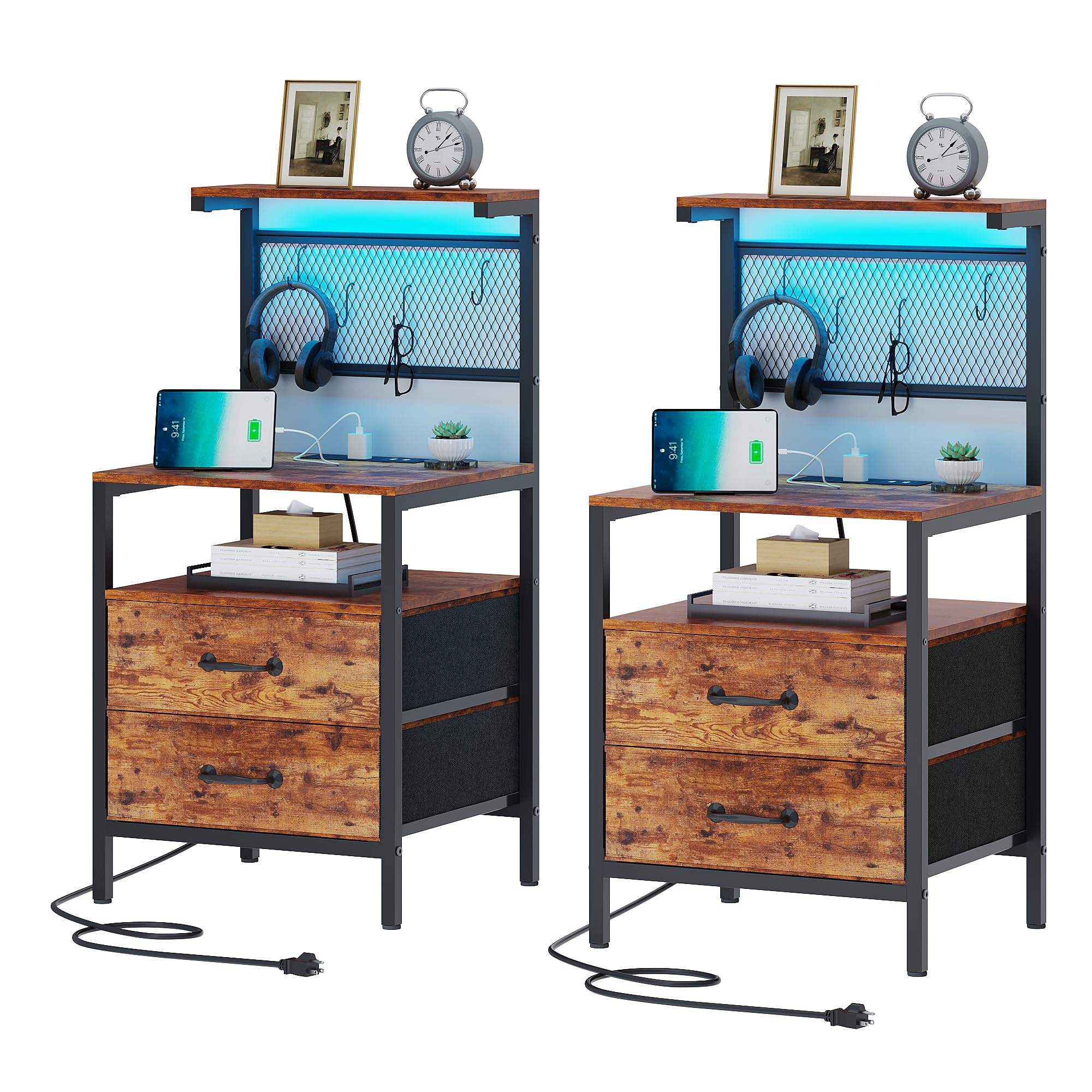 Rustic Brown Nightstand Set of 2 with Charging & LED Lights - Bedside Table with Storage for Bedroom