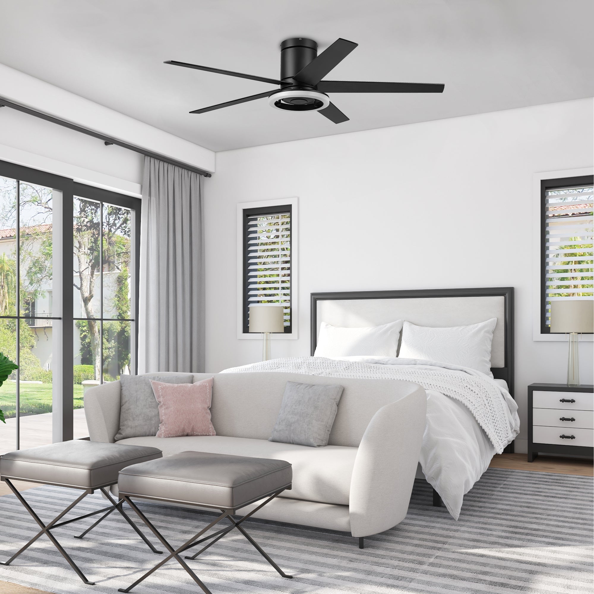 52 Inch Honeywell Graceshire Matte Black Ceiling Fan with LED Ring Light & Remote Control - Perfect for Living Room, Bedroom, and Outdoor Patio Cooling