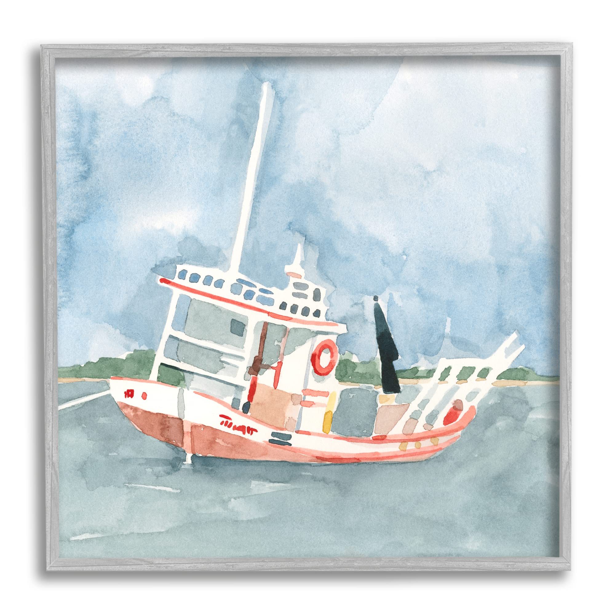 Stupell Industries Fishing Boat Watercolor Painting - Nautical Sea Travel Vessel Art by Emma Caroline | Perfect for Beach House Decor, Coastal Living Room Wall Art & Fishing Enthusiast Gifts