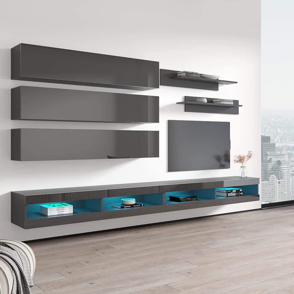 Modern Gray Wall-Mounted TV Stand with Storage Shelves & LED Lights - Floating Entertainment Center Console for Living Room & Bedroom - Meble Furniture Fly J1 34TV Stand - Perfect for Small Spaces, Apartments, and Home Theater Setups