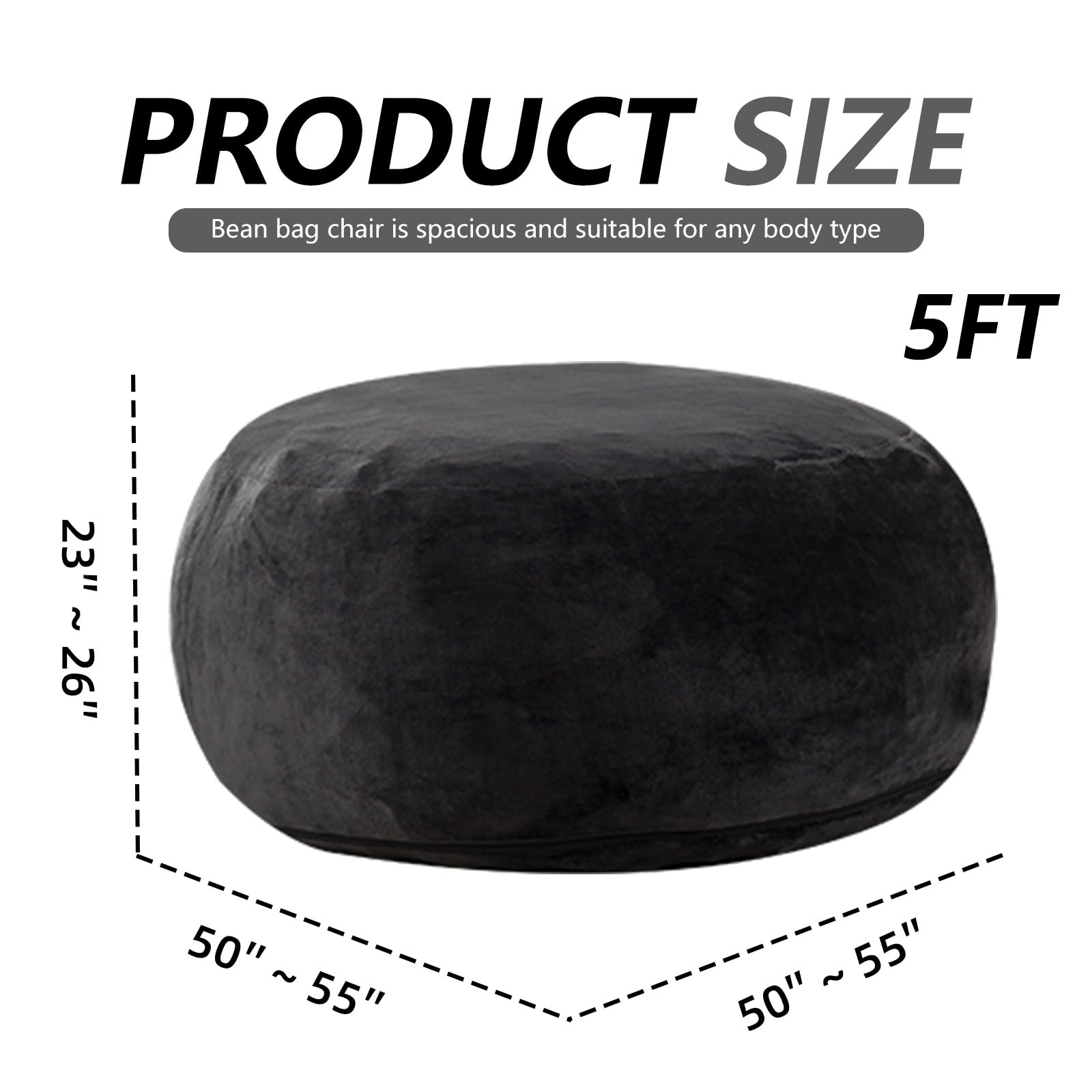 5FT Oversized Memory Foam Bean Bag Chair for Adults with Removable Washable Flannel Cover - Includes Filler - Perfect for Living Room, Bedroom & Reading Nook (Black)