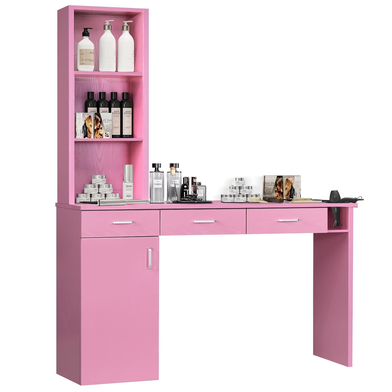 Professional Barber Station for Hair Stylists - Salon Wall Mount Cabinet with Hair Dryer Holder & Storage Drawers - Pink Beauty Salon Equipment for Home & Commercial Use