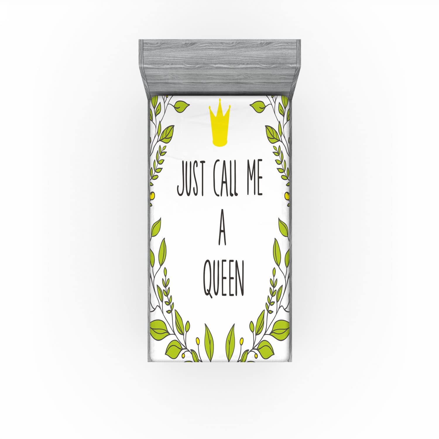 Ambesonne Queen Fitted Sheet - Wreath Branches with 'Just Call Me Queen' Lettering & Crown Design, Deep Pocket All-Around Elastic Bed Cover, Twin Size in Grey Apple Green - Perfect for Guest Rooms, Dormitories & Cozy Bedroom Decor