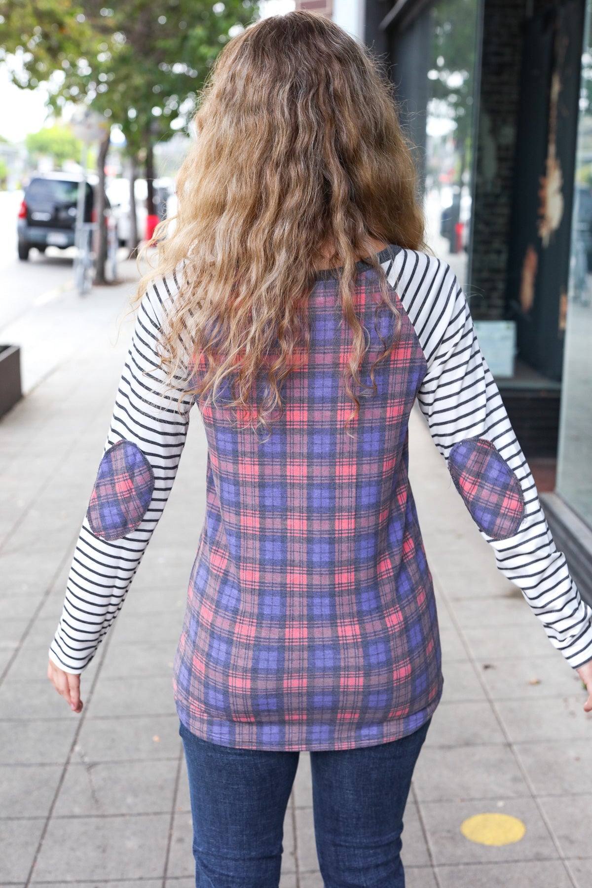 Stylish Plaid & Stripe Pullover with Elbow Patches - Cozy Casual Sweater for Men & Women - Perfect for Fall, Winter & Outdoor Activities