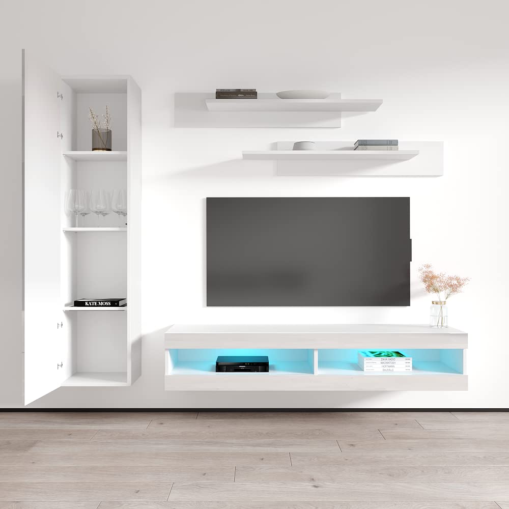 Modern White Floating TV Stand with Storage & LED Lights - Wall-Mounted Entertainment Center for Bedroom & Living Room - Meble Furniture Fly G1 34