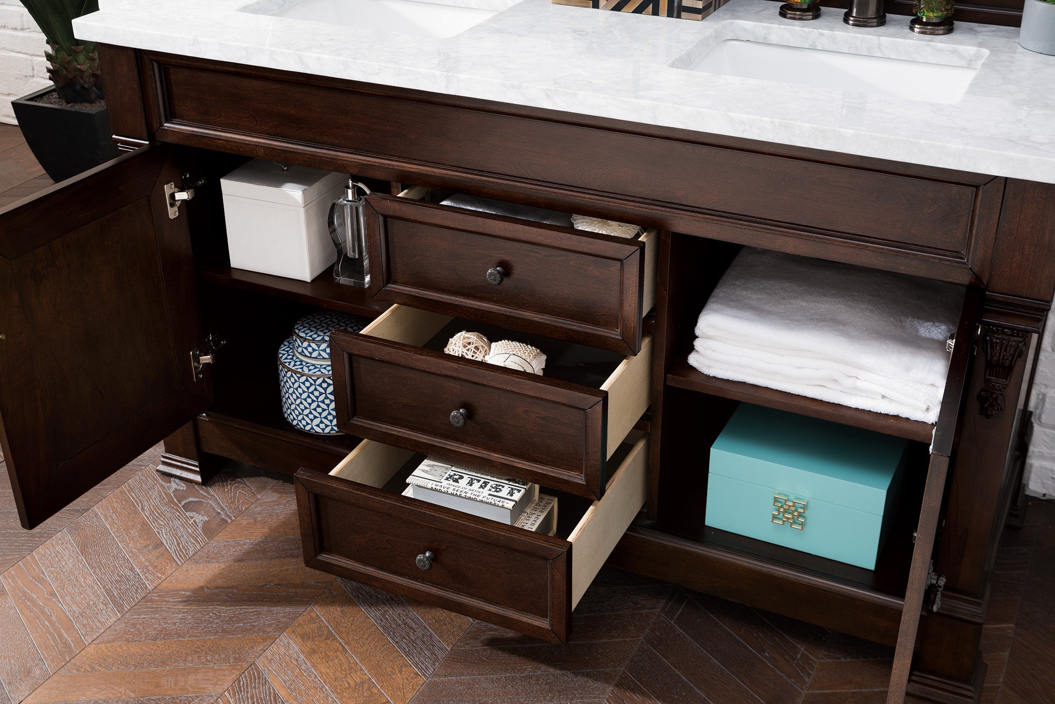 Brookfield 60-Inch Double Vanity with Burnished Mahogany Finish & 3CM Carrara Marble Top – Perfect for Master Bathroom & Luxury Home Renovation