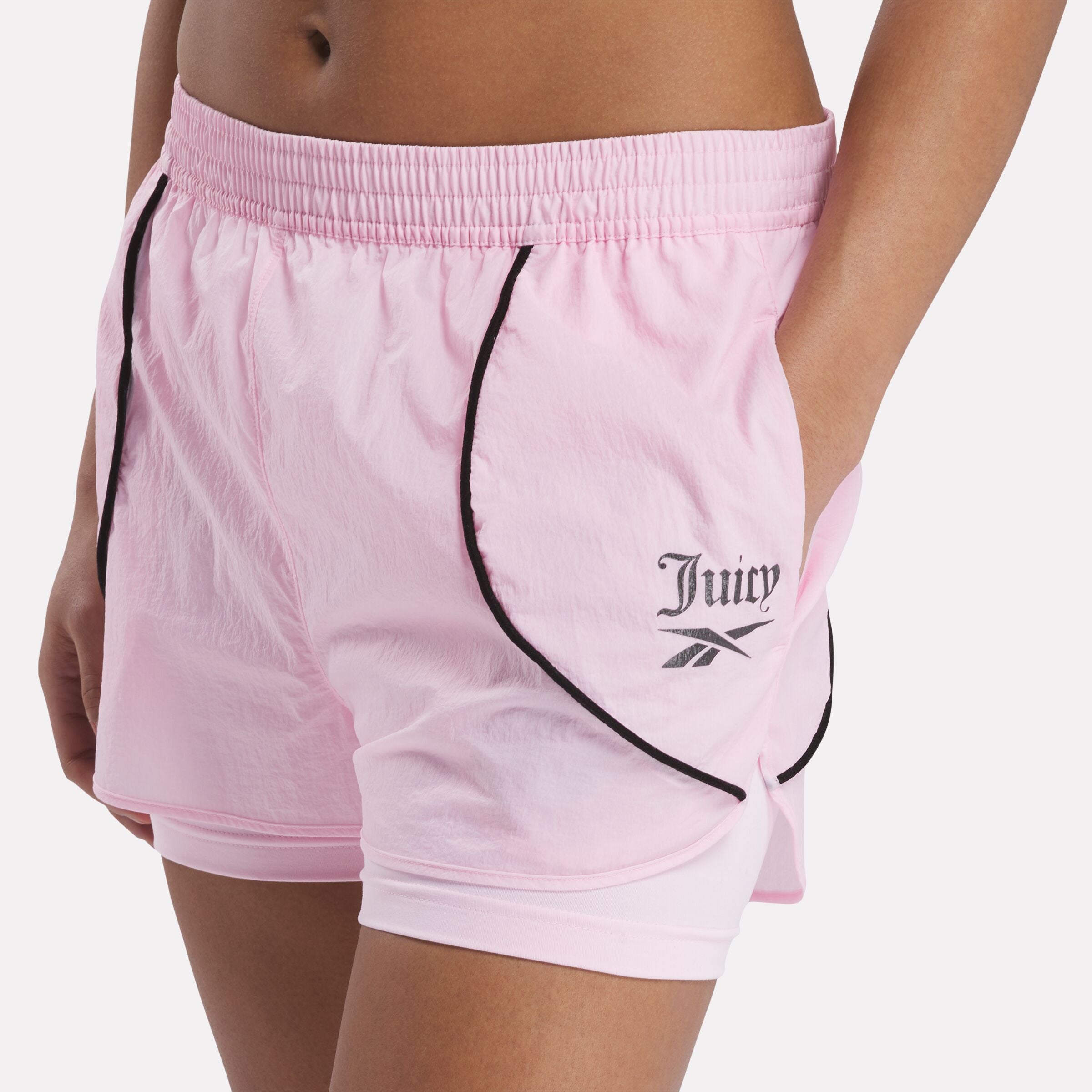 Reebok X Juicy Couture Women's Luster Pink Athletic Track Shorts - Comfortable Gym Workout Running Shorts for Women