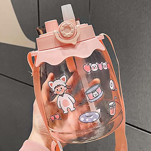 1.3L Kawaii Water Bottle with Straw & Stickers - Large Cute Pink Water Bottle for Women - Perfect for School, Gym, Work & Outdoor Activities