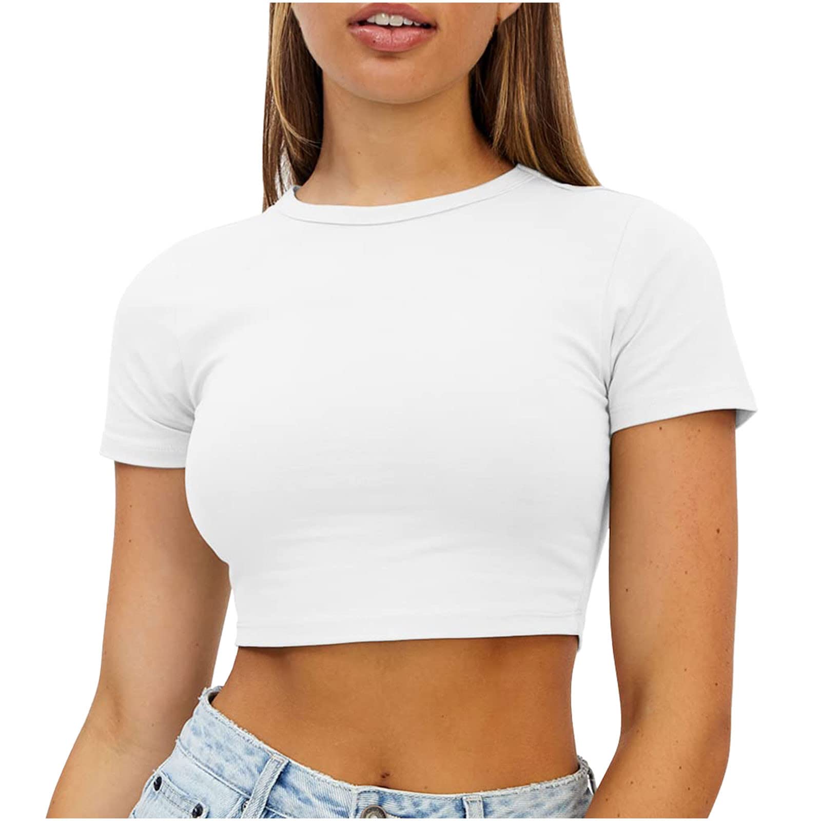 Trendy Women's White Short Sleeve Crop Top - Basic Round Neck Tight Blouse for Summer Outfits, Casual Wear & Street Style Fashion