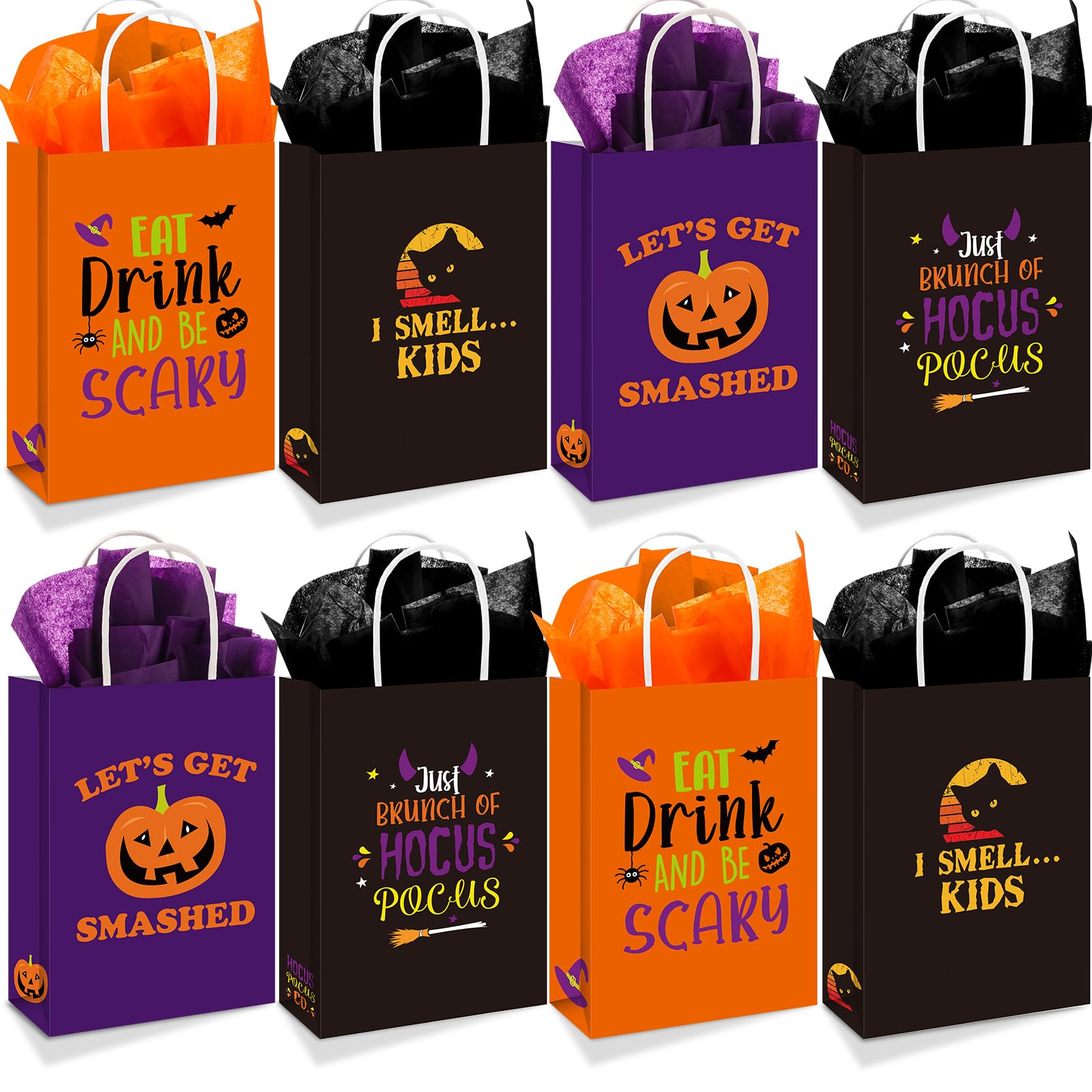 Silkfly Halloween Treat Bags with Tissues - 8.3'' Halloween Paper Gift Bags with Handles for Candy, Snacks & Party Favors - 4 Festive Designs - Perfect for Halloween Parties, Birthday Celebrations & Holiday Gift Wrapping