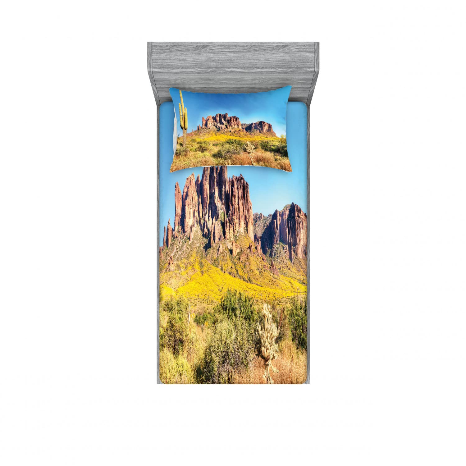 Ambesonne 2-Pack Twin XL Fitted Sheets & Pillow Sham Set - Blooming Mountain Landscape Design, Orange & Brown 4-Piece Bedding Set | Perfect for Dorm Rooms, Guest Beds & Cozy Cabin Retreats