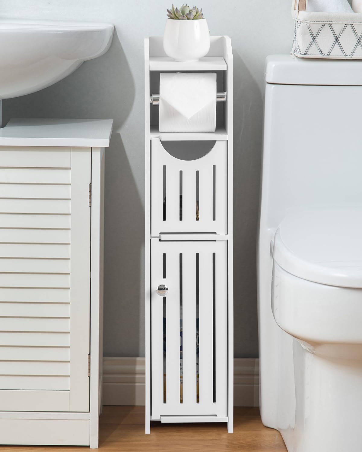 AOJEZOR White Bathroom Toilet Paper Holder Stand - Storage Cabinet for Mega Rolls | Perfect for Small Bathrooms, Powder Rooms & RVs