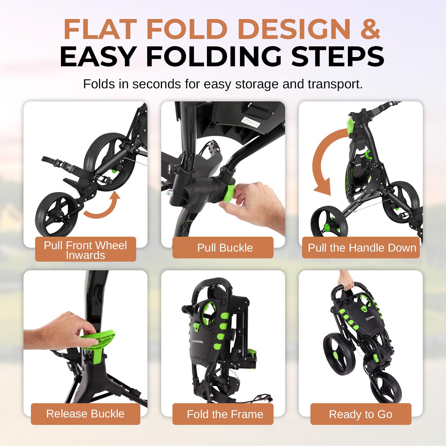 JOVIAL 3 Wheel Golf Push Cart - Lightweight Aluminum Frame Golf Caddy with Deluxe Scorecard Holder & Patented Bag Holder | Foldable, Collapsible & Adjustable Handle | Perfect for Golf Courses, Driving Ranges & Outdoor Practice