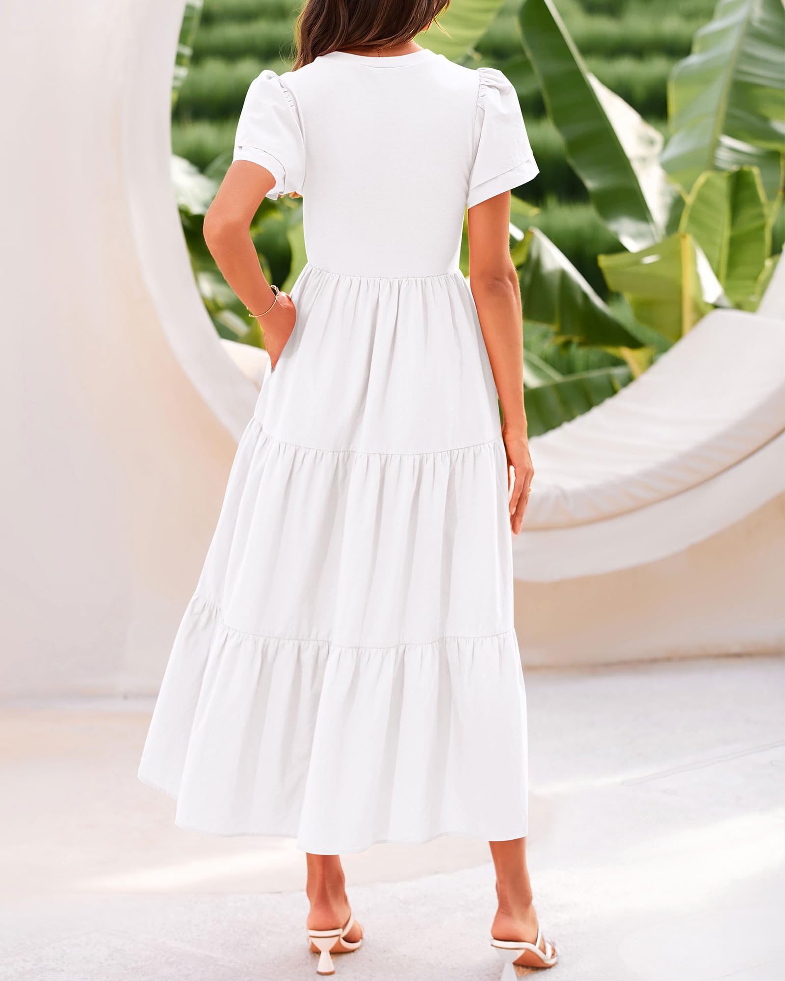BTFBM Women's Casual Summer Dresses 2025 - Spring Crewneck Short Sleeve Tiered Flowy Boho Maxi Dress with Pockets for Beach Vacation, Travel, and Outdoor Activities