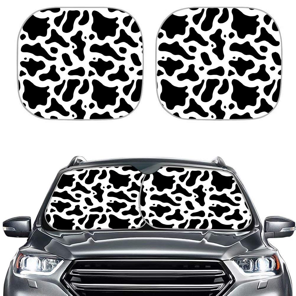 KUIFORTI 2-Piece Foldable Car Windshield Sun Shade - Black & White Cow Pattern UV Protection for Heat & Glare Blocking | Perfect for Summer Parking & Road Trips