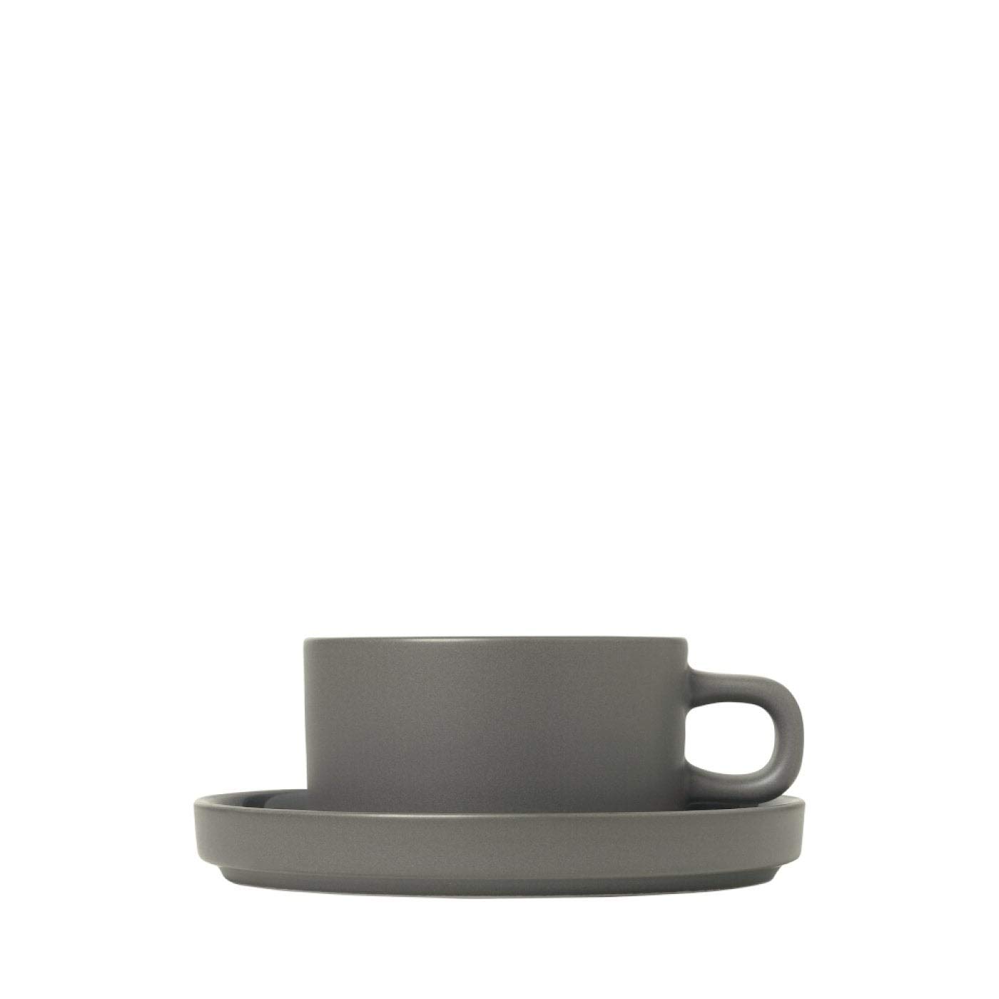 Blomus PILAR 6 oz Tea Cups and Saucers Set of 2 - Premium Pewter Finish in Charcoal - Perfect for Afternoon Tea, Coffee Break or Gift Giving