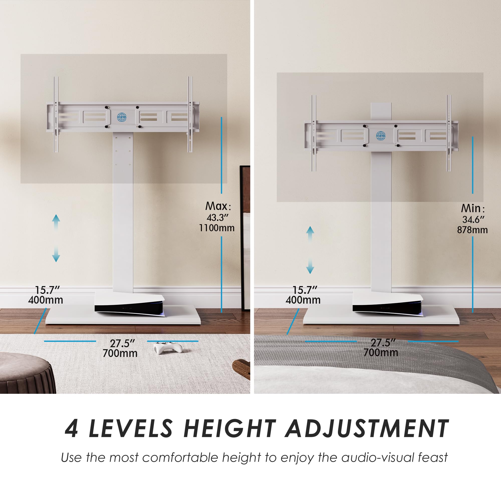 FITUEYES Universal TV Floor Stand for 50-85 Inch Plasma/LCD/LED TVs - Heavy Duty Iron Base, Swivel Bracket & Height Adjustable - Supports Up to 50kg & VESA 800x400mm - Perfect for Living Room, Bedroom & Home Theater Setup
