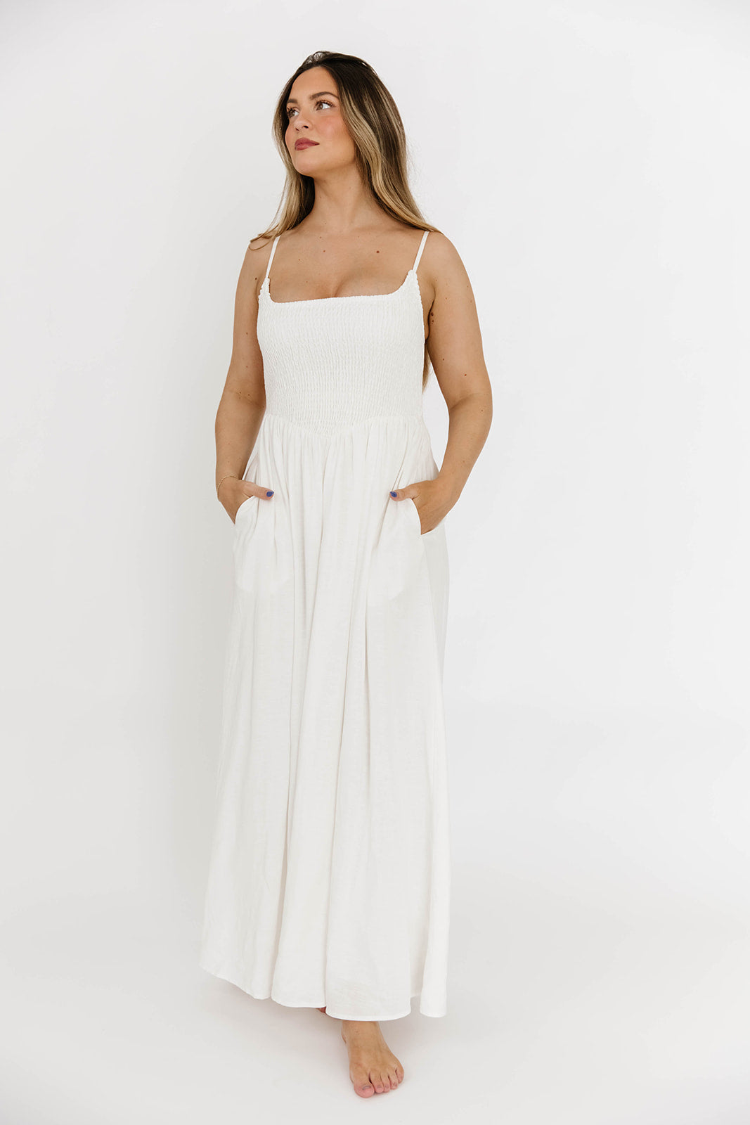 Josefina Off White Smocked Maxi Dress for Women - Elegant Summer Beach Wedding Party Dress