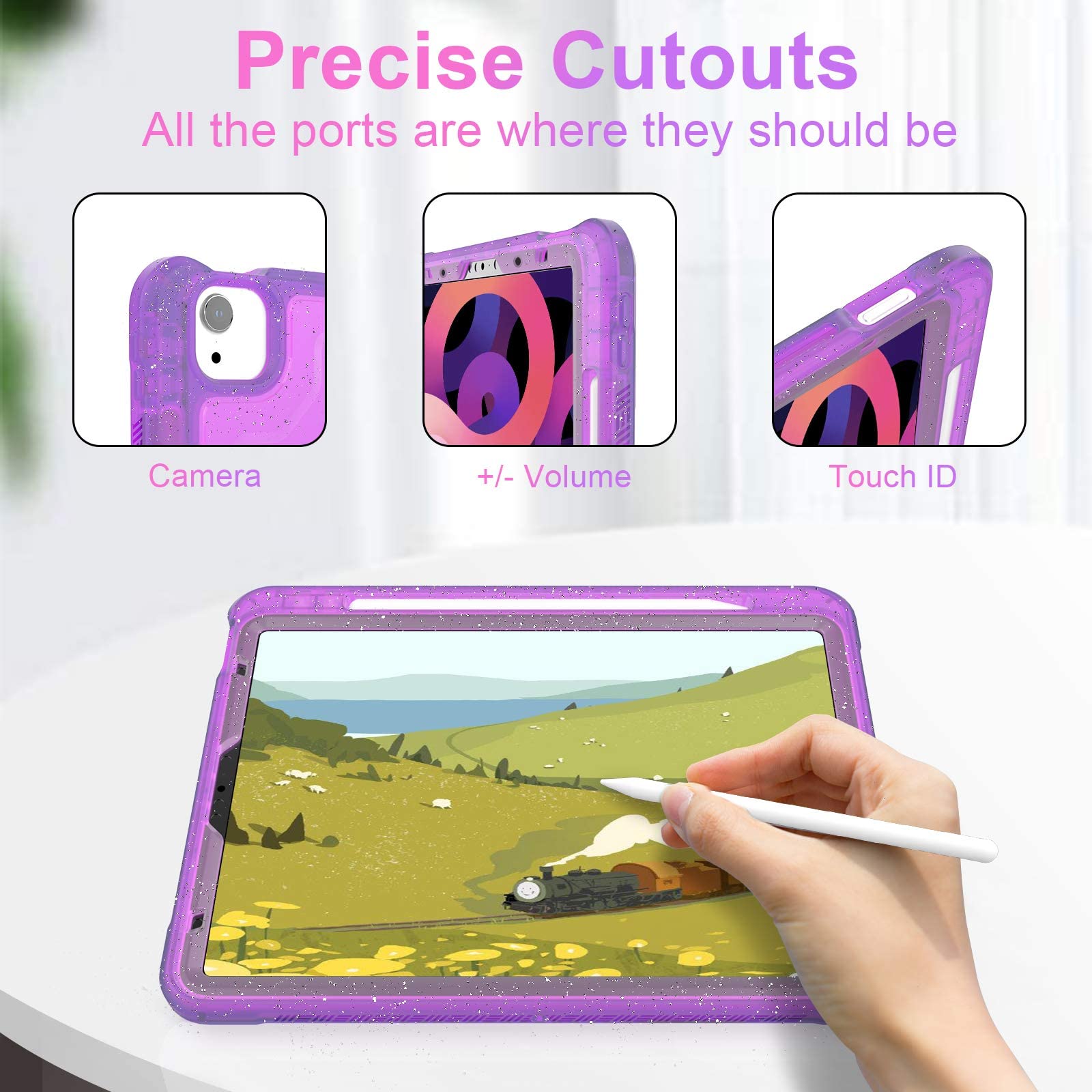 Premium iPad Air 5th/4th Gen (2022/2020) & iPad Pro 11-inch Case - Slim Hard Protective Cover with Pencil Holder & Kickstand, Clear Purple Glitter Design for Women - Perfect for Work, School & Travel