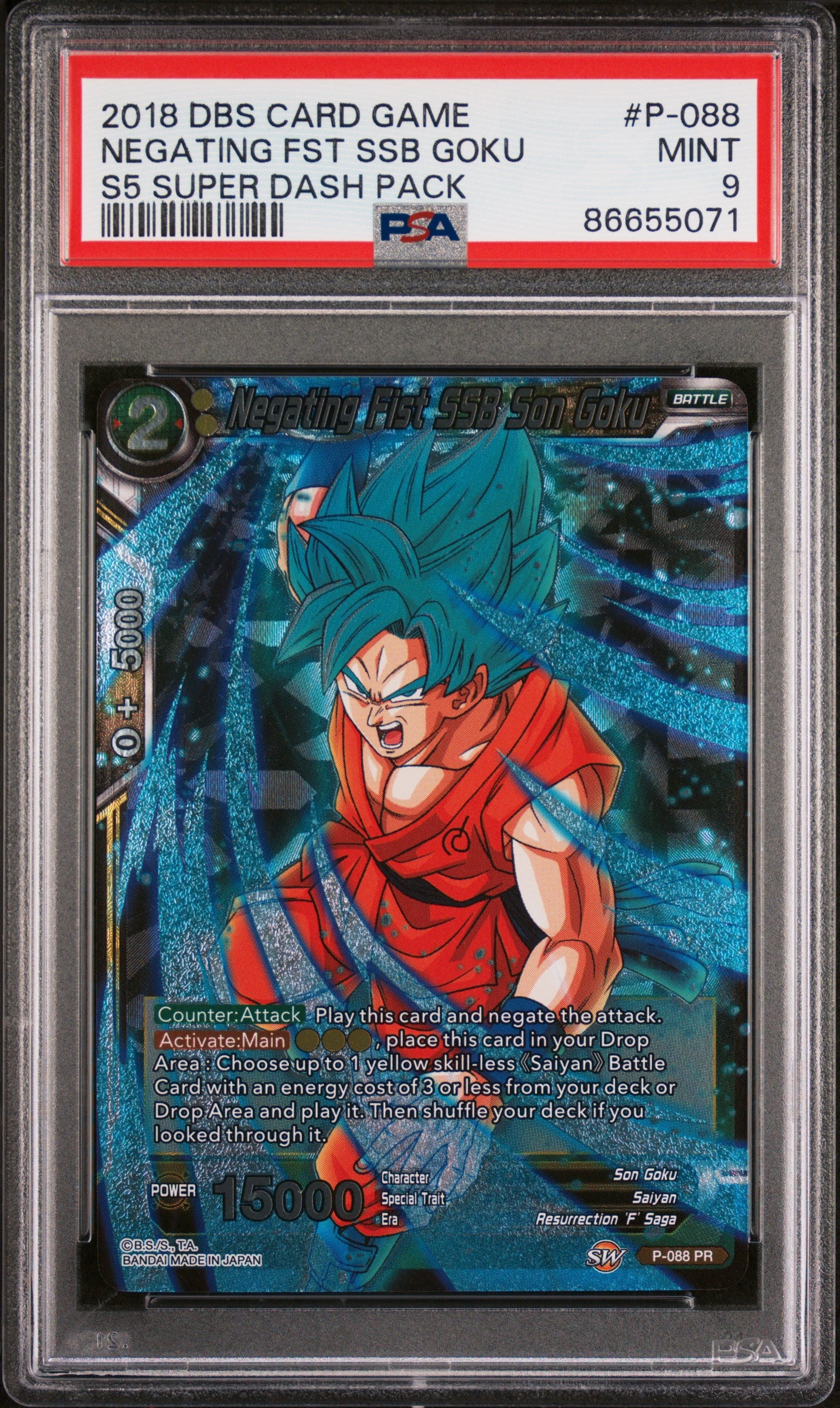 2018 DRAGON BALL SUPER Super Dash Negating FST SSB Goku #P 088 PSA 9 Graded Card - Perfect for Anime Collectors & Dragon Ball Z Fans Display