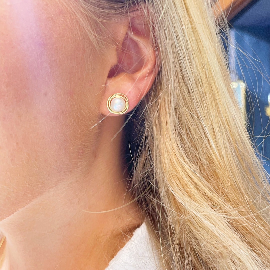 14K Yellow Gold Button Pearl Knot Stud Earrings - Elegant & Timeless Jewelry for Women, Perfect for Weddings, Parties & Everyday Wear