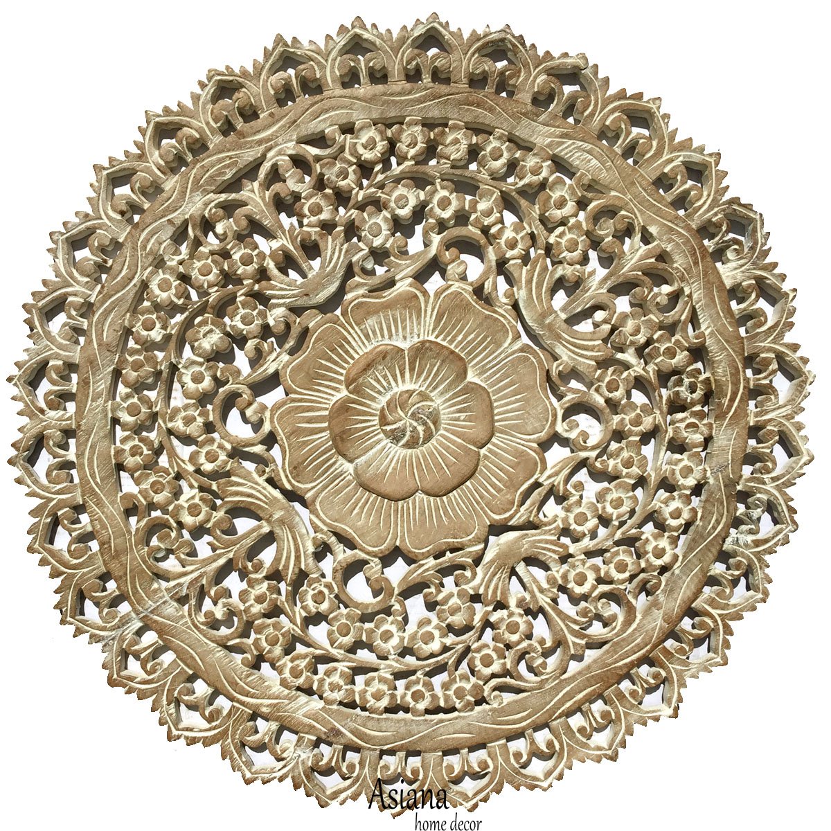 Asiana Home Decor Round Floral Wood Wall Art Plaque - 24 Inch Whitewashed Handmade Wall Hanging for Living Room, Bedroom, and Office Decor