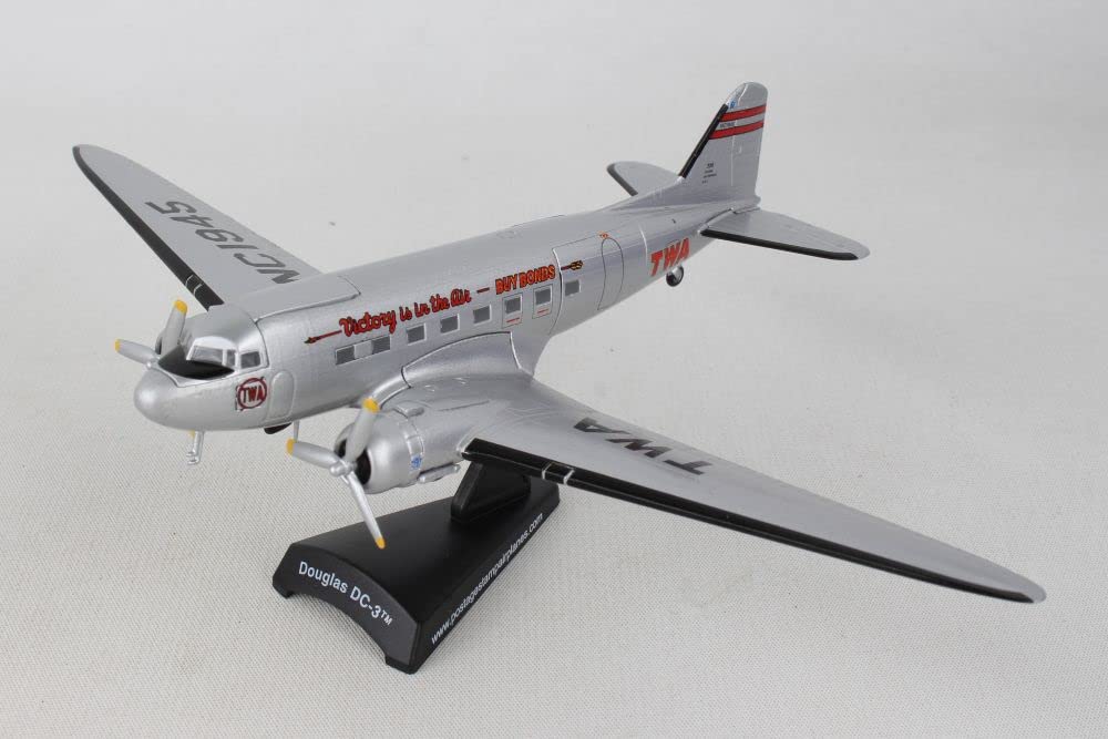 Daron Postage Stamp Douglas DC-3 TWA 1/144 Scale Silver Diecast Model Airplane - Vintage Aircraft Collectible for Display & Aviation Enthusiasts