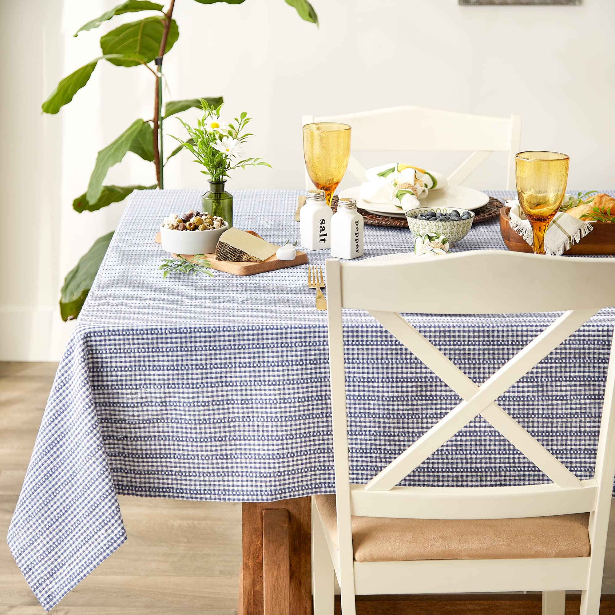 DII Farmhouse Checked Tablecloth 52x52 - French Blue Gingham for Dining & Picnics