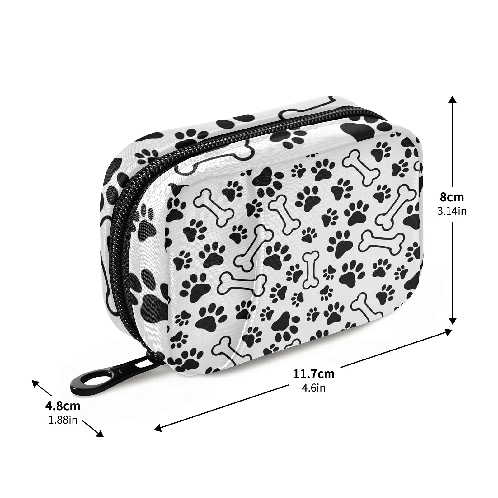 Black Pet Paws Print & Bones Pattern White Pill Organizer Case - Removable Plastic Compartments, Zippered Medicine Storage Bag - Perfect for Travel, Daily Medication & Pet First Aid Supplies