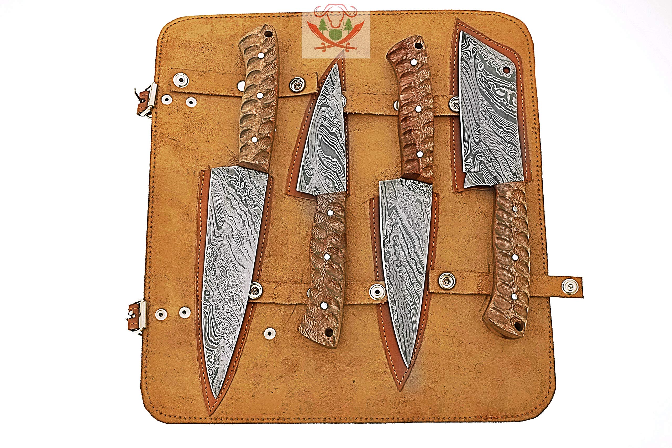 Premium Damascus Steel Kitchen Knives Set - 4-Piece Chef Knife Collection with Engraved Snack Wood Handle (FBK-1099) - Perfect for Professional Chefs, Home Cooking & Gourmet Food Preparation
