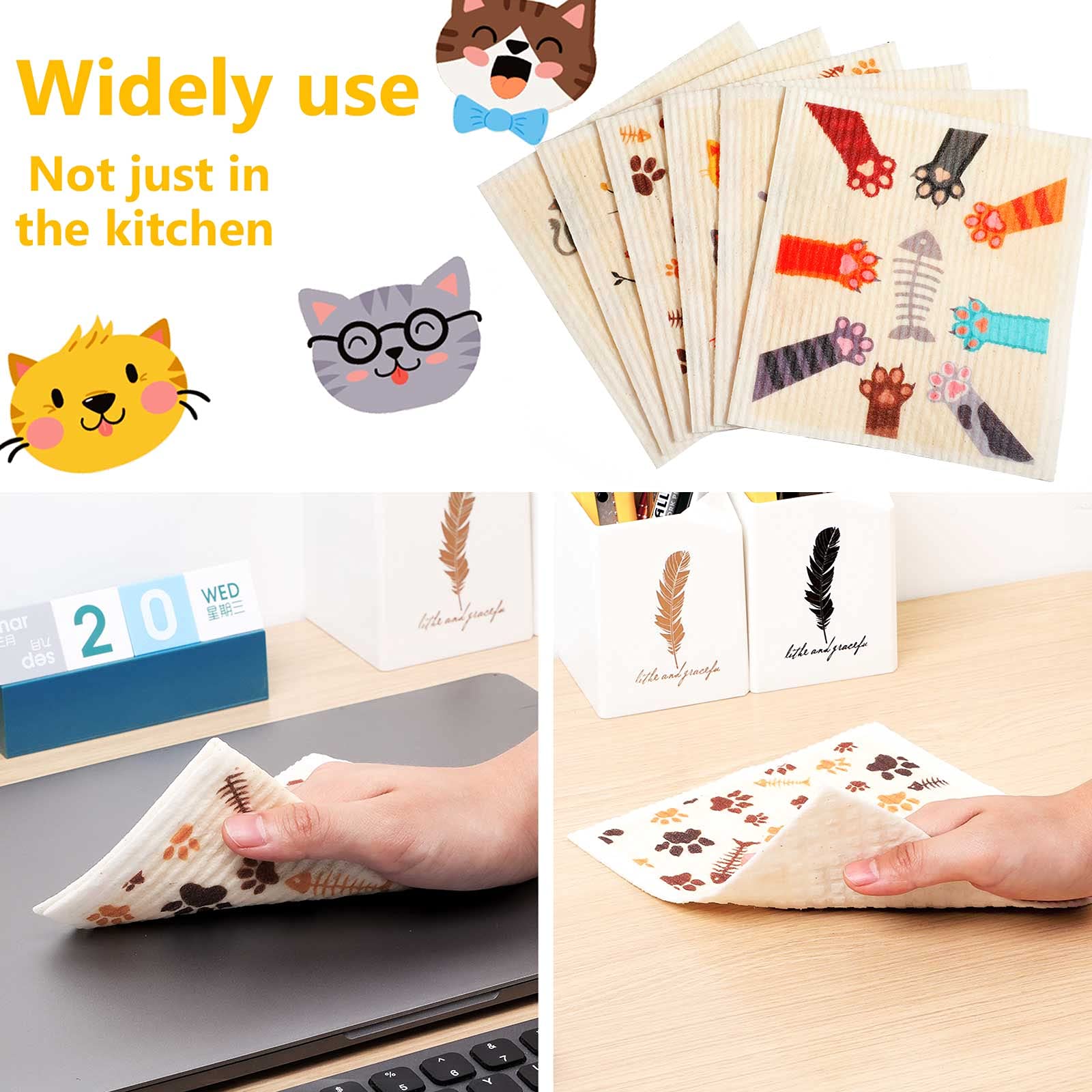 6-Pack Swedish Dishcloths - Super Absorbent & Quick-Drying Reusable Kitchen Towels for Cats Lovers - Eco-Friendly Cleaning Cloths for Kitchen, Bathroom, Office, Wedding & Housewarming Gifts - Perfect for Daily Cleaning, Dish Drying & Pet Care