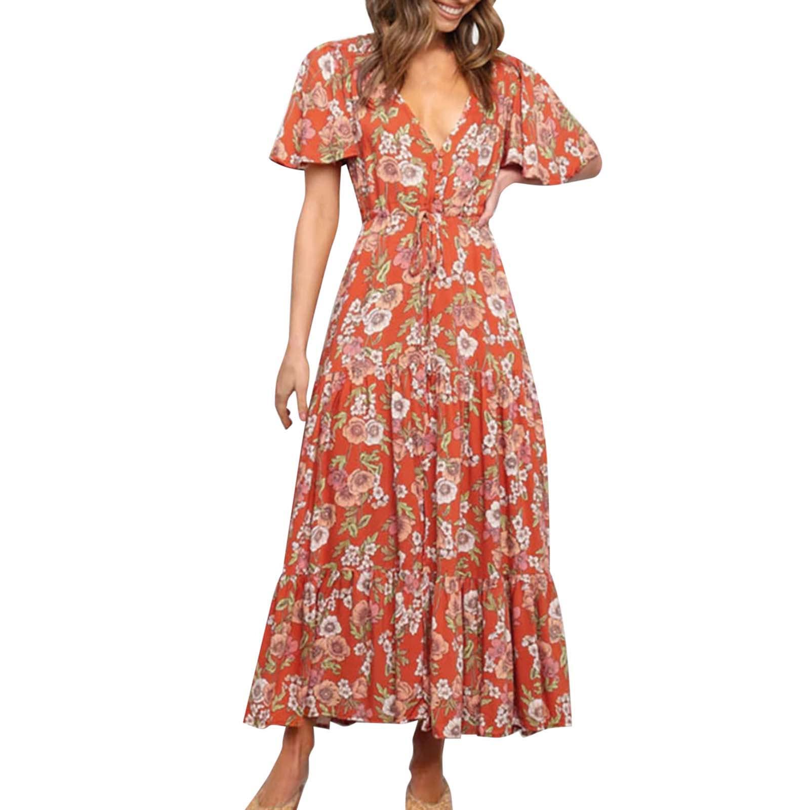 Women's Casual Summer Beach Dress - Dandelion Printed Tshirt Dress, Adjustable Backless Midi Sundress with Round Neck (Orange, XXL) | Perfect for Beach Vacations, Pool Parties & Summer Outings