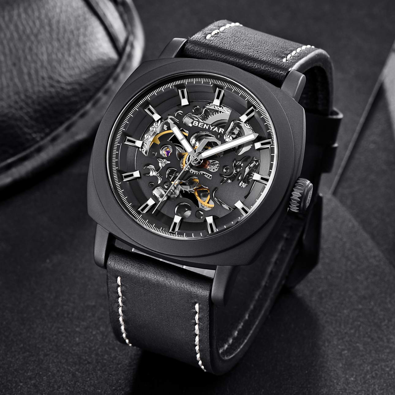 BENYAR Automatic Skeleton Mechanical Watch for Men - Black Leather Strap, Waterproof, Business & Casual Style | Perfect for Office, Formal Events & Everyday Wear