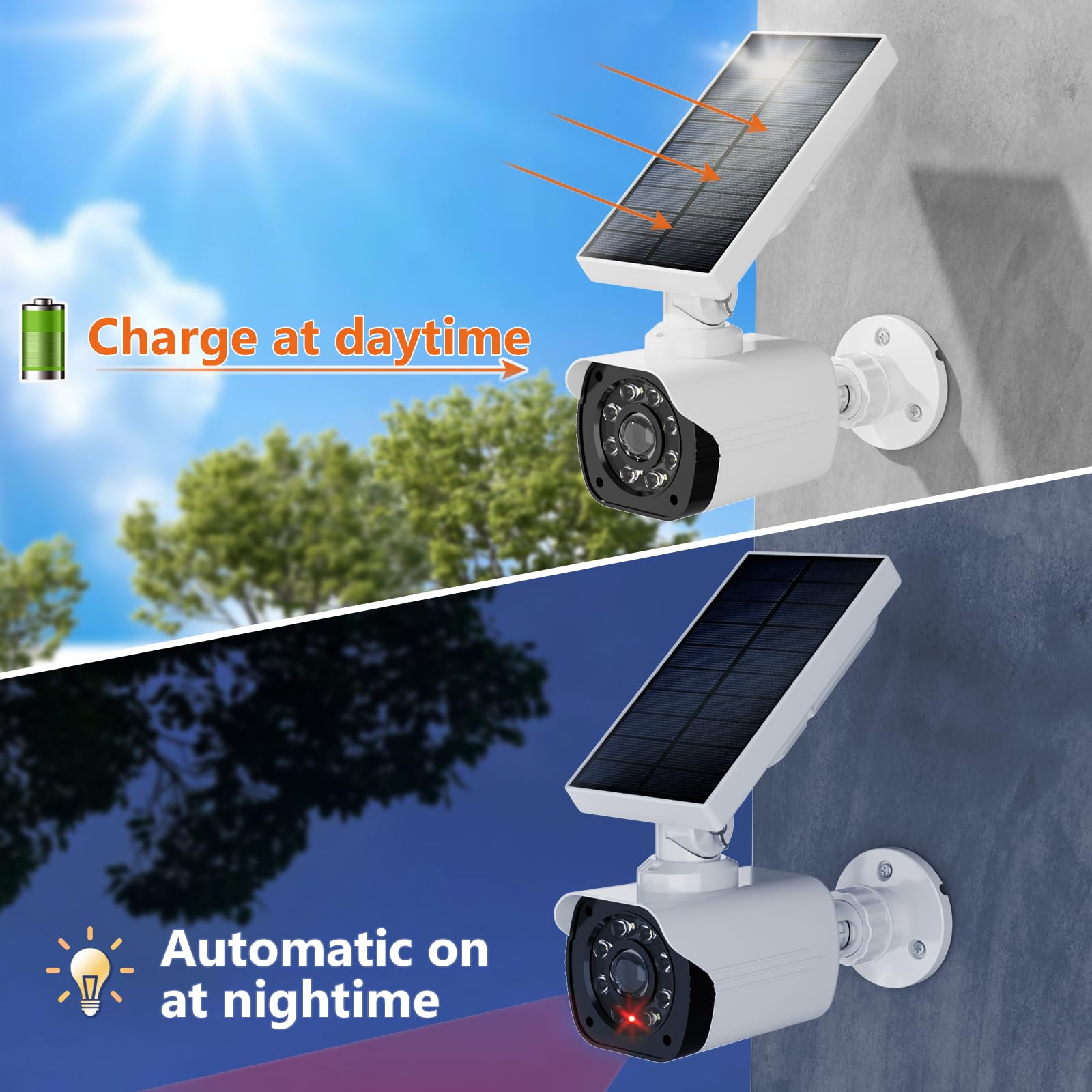 WALI Fake Security Camera with Motion Sensor Light - 2 Pack Solar Powered Dummy CCTV Dome for Indoor & Outdoor Use - Simulated Surveillance to Deter Burglars - Ideal for Homes, Offices & Retail Stores