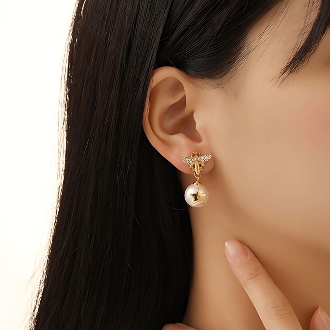 Dainty Bumble Bee Pearl Drop Earrings for Women - Elegant Gold Plated Dangle Earrings with Freshwater Pearls | Perfect for Weddings, Parties & Everyday Wear (DMS271)