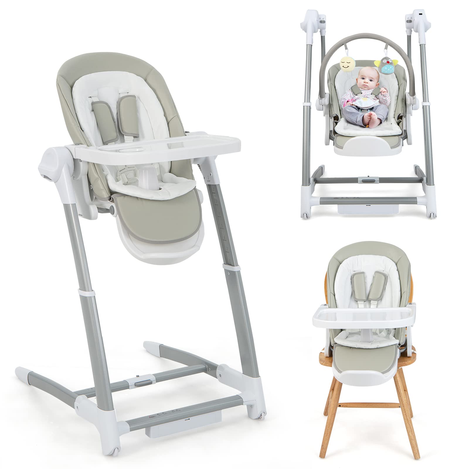 **HONEY JOY 3-in-1 Baby Swing & Convertible High Chair for Infants & Toddlers – Portable Infant Swing with Music, Wheels & Double Food Tray – Compact, Easy-Folding Booster Seat (Gray) – Perfect for Home, Travel & Daycare Use**