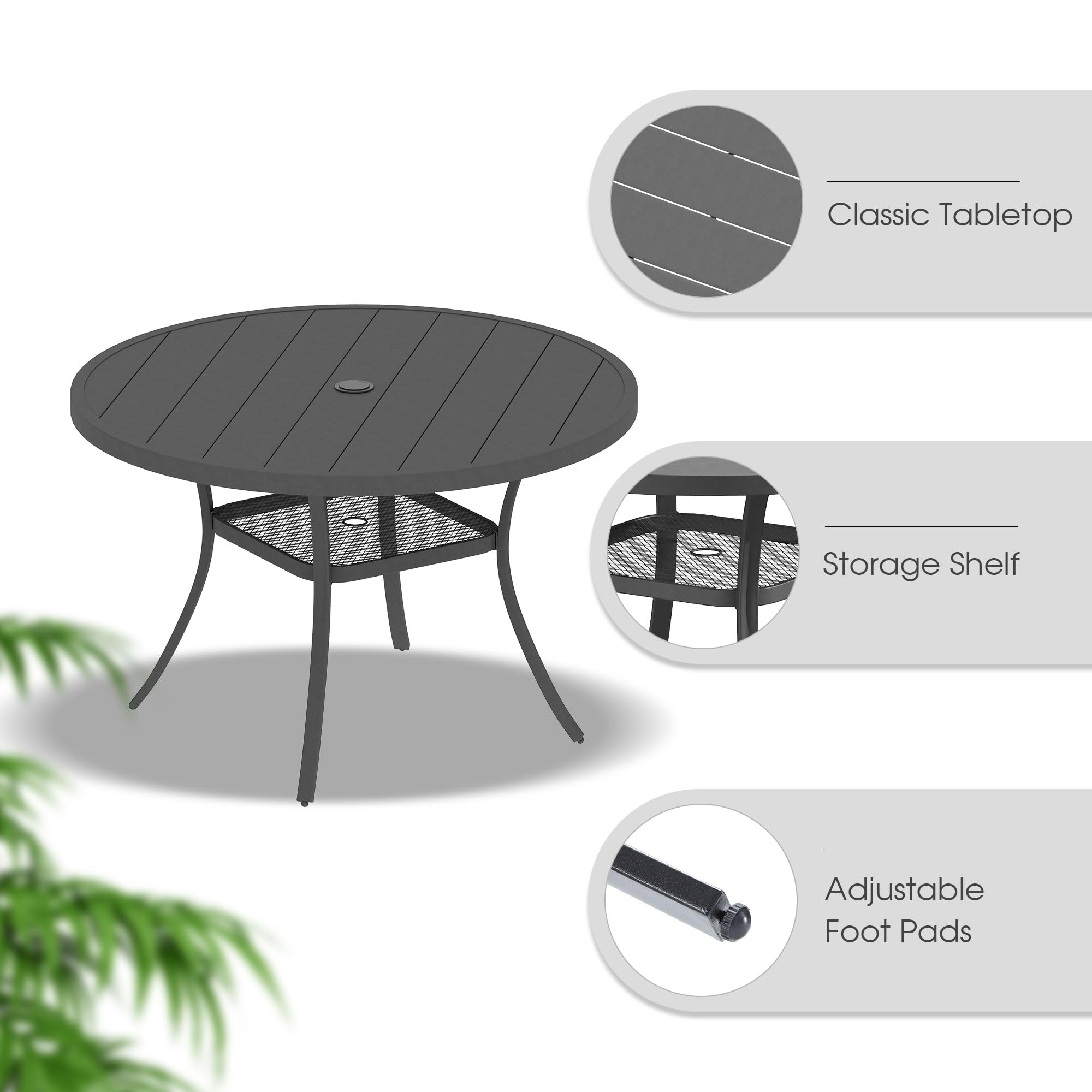 VICLLAX 47 Inch Round Outdoor Patio Dining Table with Adjustable Umbrella Hole - Metal Slatted Tabletop for Deck, Lawn, Garden & Backyard - Dark Grey - Perfect for Outdoor Entertaining, BBQs, and Family Gatherings