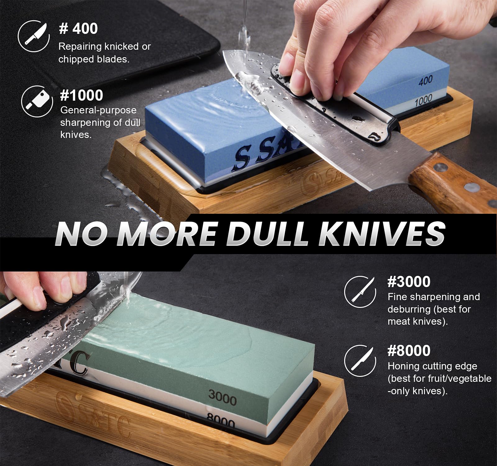 Premium 400/1000/3000/8000 Grit Whetstone Set - Professional Knife Sharpening Stone with Non-Slip Bamboo Base, Angle Guide & Leather Strop - Perfect for Kitchen Knives, Hunting & Chef's Tools - Ideal for Home Cooks & Professional Chefs